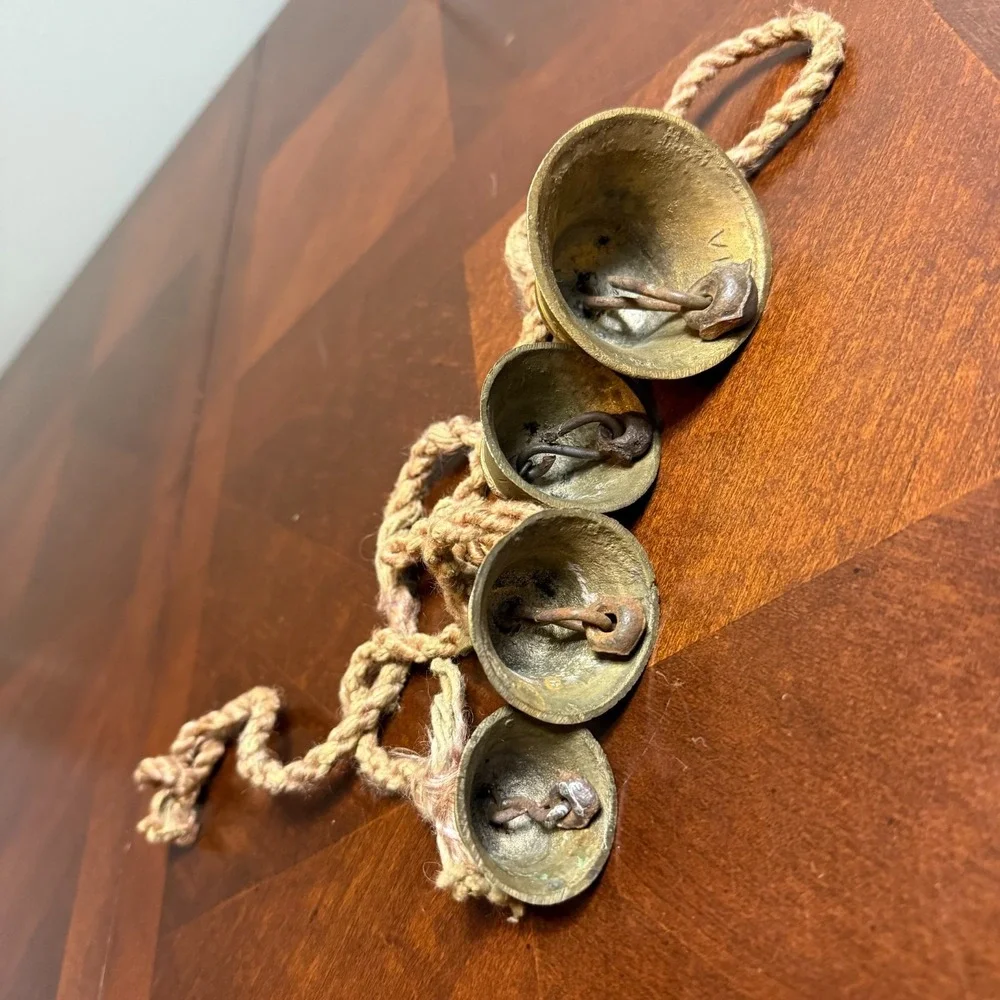vintage indian brass hanging‎ bells lot of 4 hand engraved boho farmhouse decor